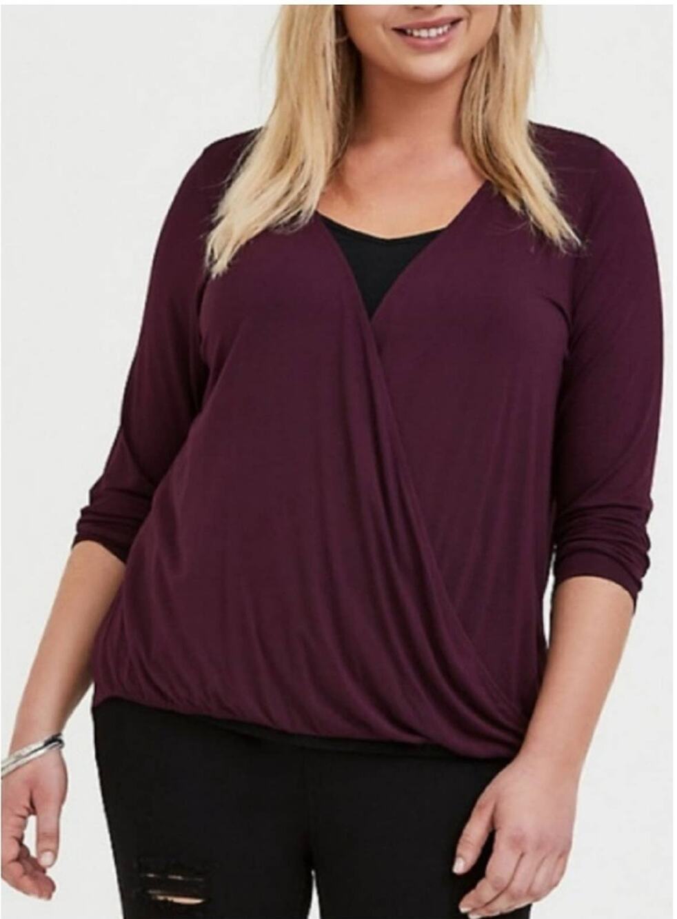 Torrid Surplice Burgundy Purple Midi Long Sleeve Top Size 00/10
